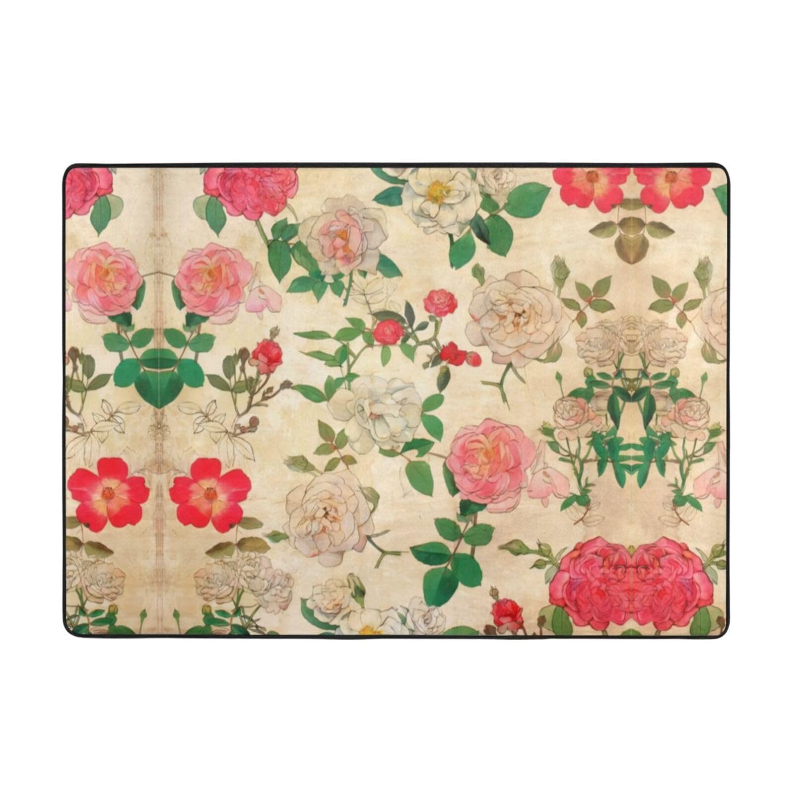 Alfombra de felpa de 80x58 pulgadas con estampado de flores retro para proteccion de suelo