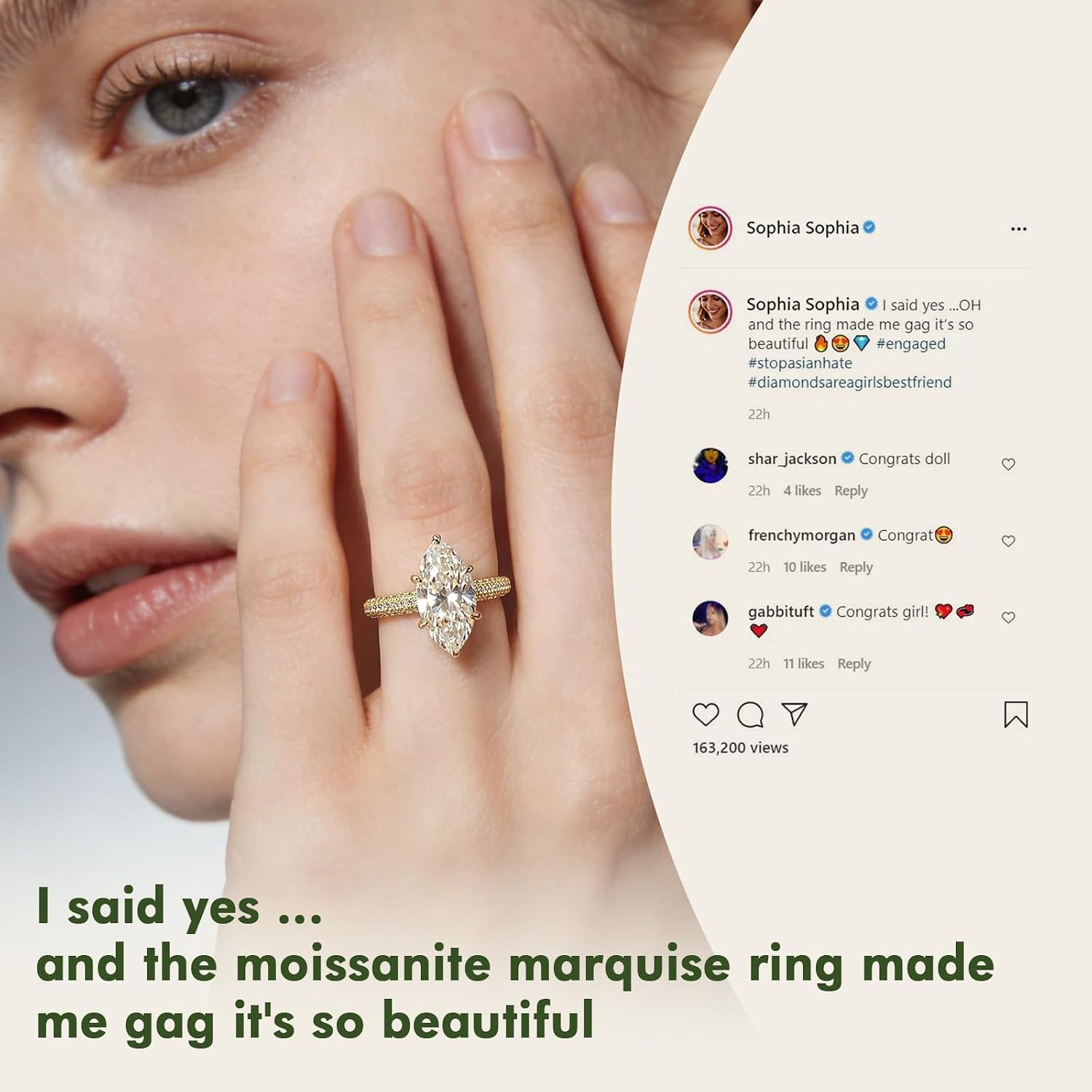 4CT Moissanite Marquise Engagement Ring for Women, Size 5-10