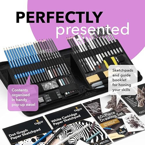 Miniatura 2 de Castle Art Supplies Juego de 60 piezas de dibujo y bocetos | Grafito, carbón, pastel, lápices solubles en agua + palos, delineadores finos, para