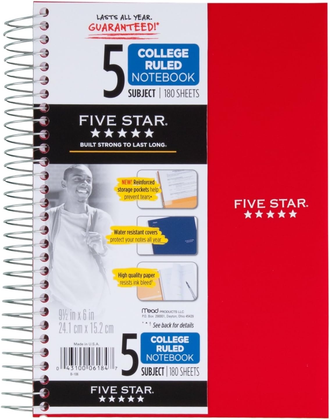 Five Star Spiral Notebook, College Ruled, 5 Subject, 6 x 9.5 Inches, 180 Sheets, Assorted Colors (06184)Pack Of 2