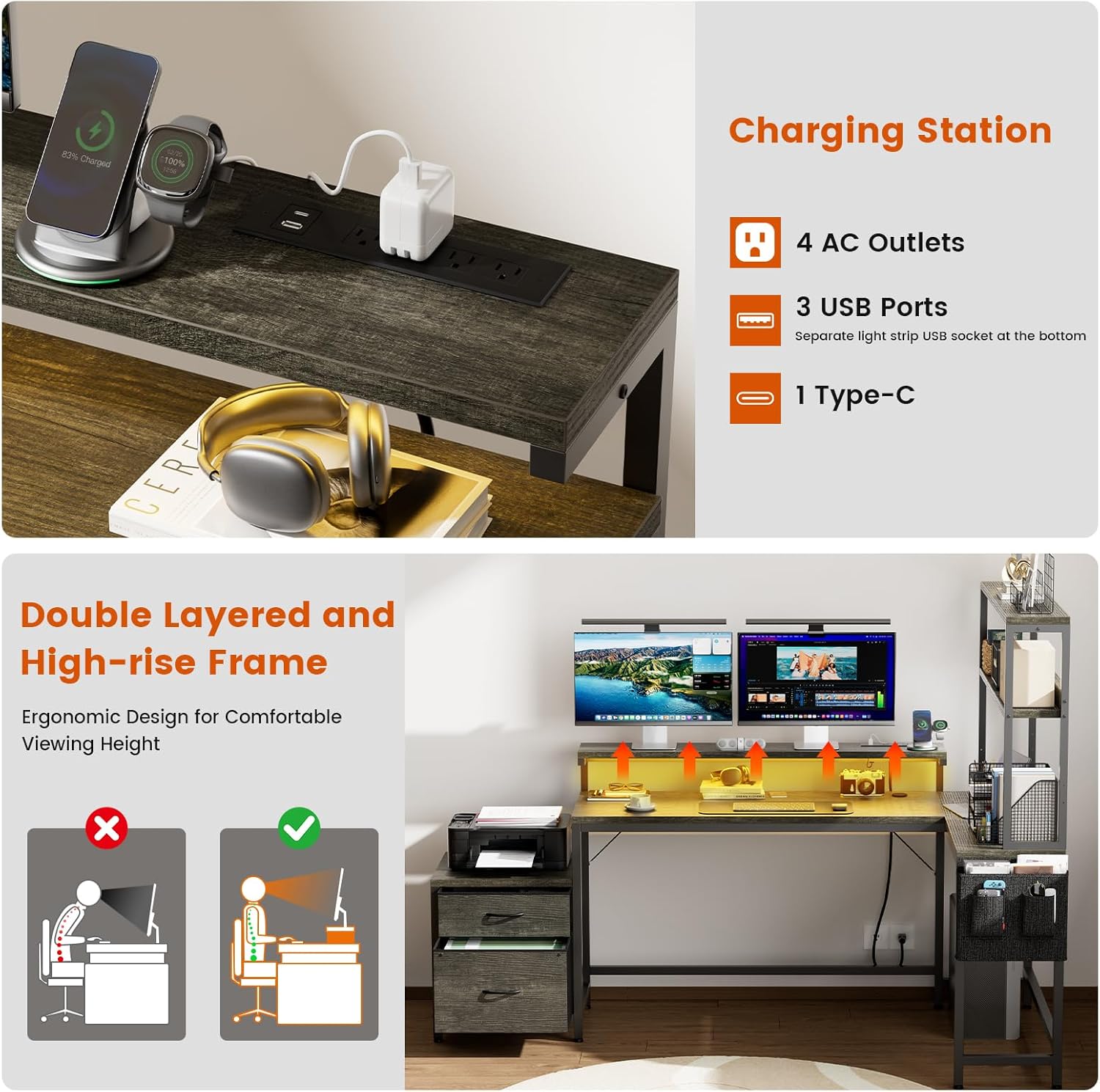 REAHOME 70 Inch L Shaped Desk with File Drawers and Reversible Storage Shelves, Computer Desk with Power Outlet & LED Strip, Home Office Desks, Bookshelf Desk, Writing Study Desk for Bedroom, Grey Oak