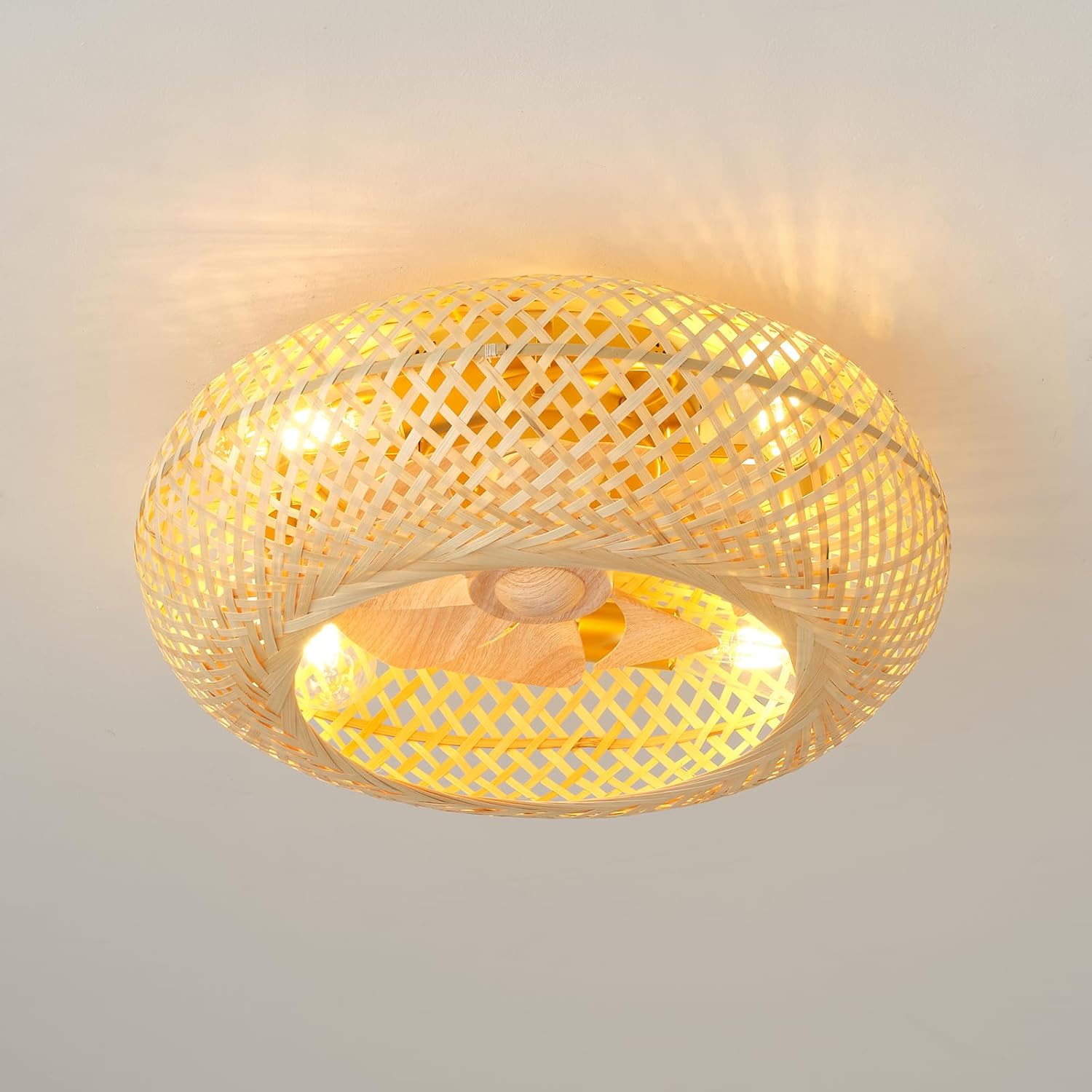 20 Inch Boho Woven Ceiling Light with Fan, Flush Mount Caged Ceiling Fan with Light,Reversible Fan, Bedroom Ceiling Fan with Light and Remote & APP Control