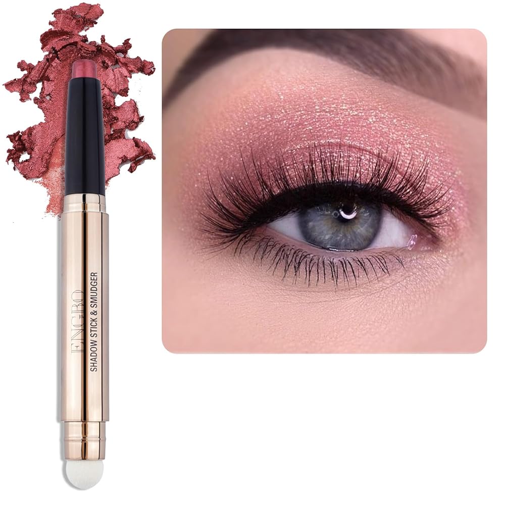 Enfuntins Cream Eyeshadow Stick, Long-Lasting, Crease-Proof Eyeshadow with Built-in Smudger Eye Shadow Makeup Rose Red Shimmer