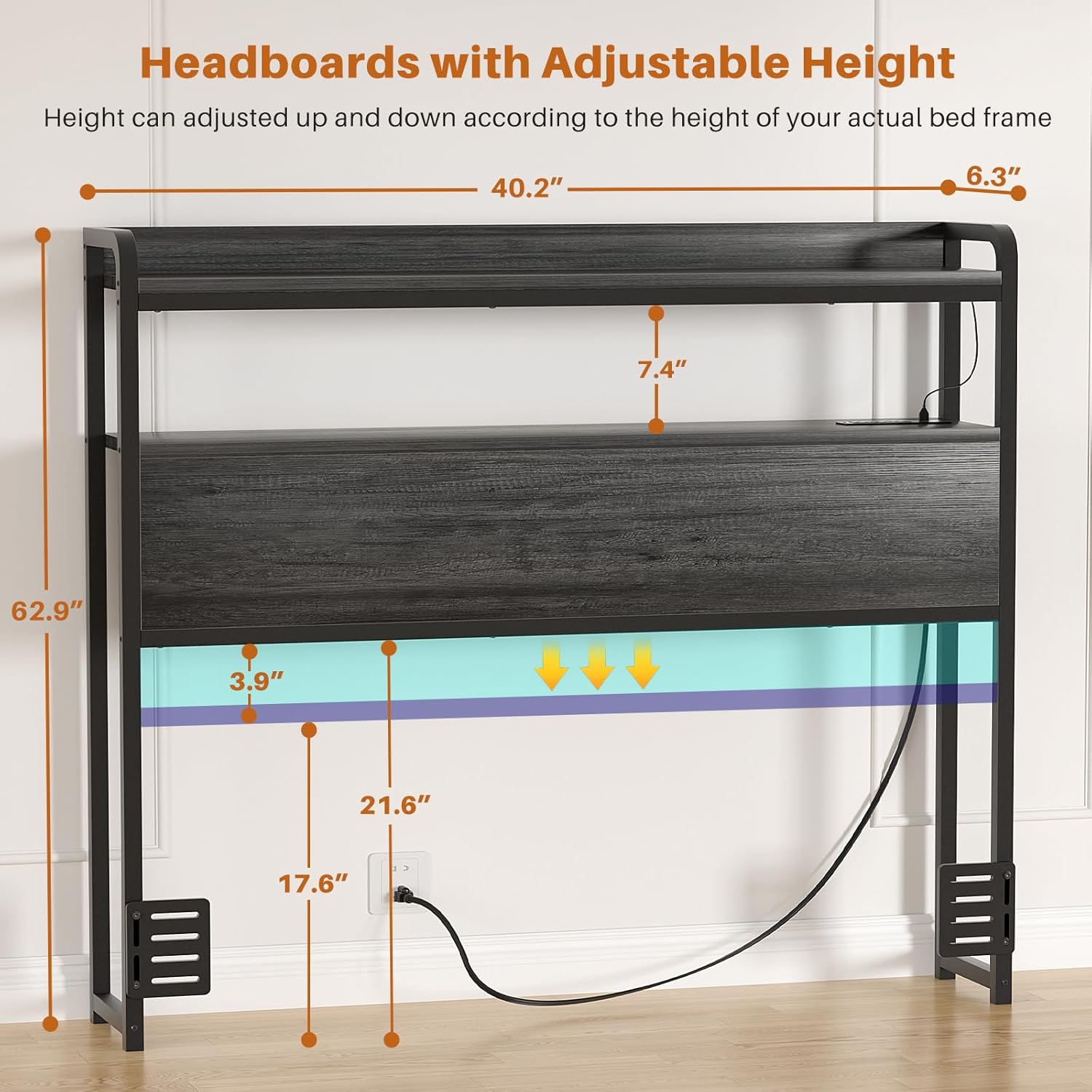 Aheaplus Headboard for Twin Size Bed Frame, Headboards with Outlets, USB Ports and LED Light, Head Board with Storage, Height Adjustable, Sturdy and Stable Headboard, Twin Size, Black Oak