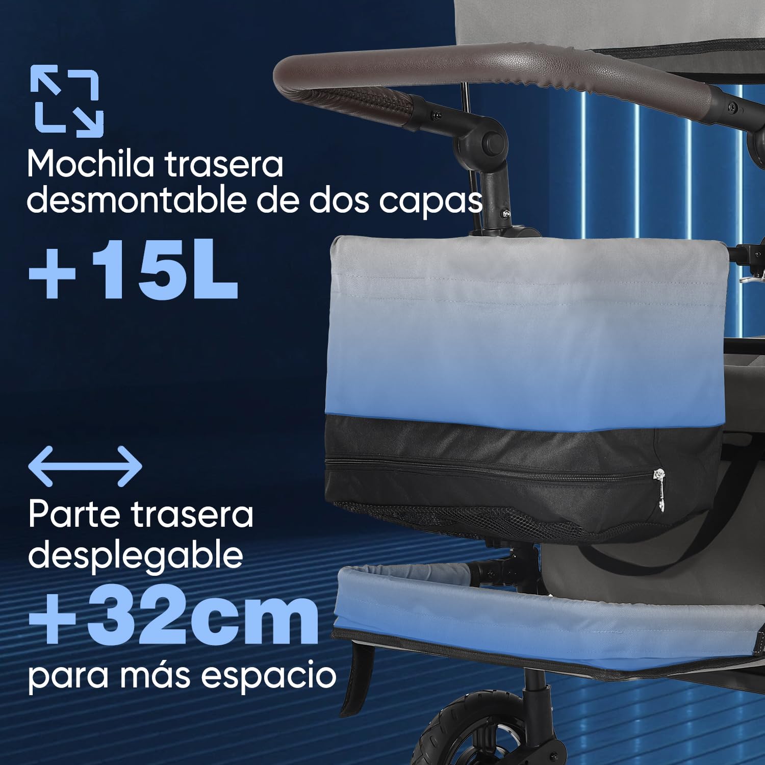 Sekey Carro Plegable Infantil con Techo para 2 Niños 100KG, Carrito de Transporte Plegable para Niños con Manija Empujadora, Ruedas de PU a Prueba de Golpes y Frenos 110L, SS5050, Gris