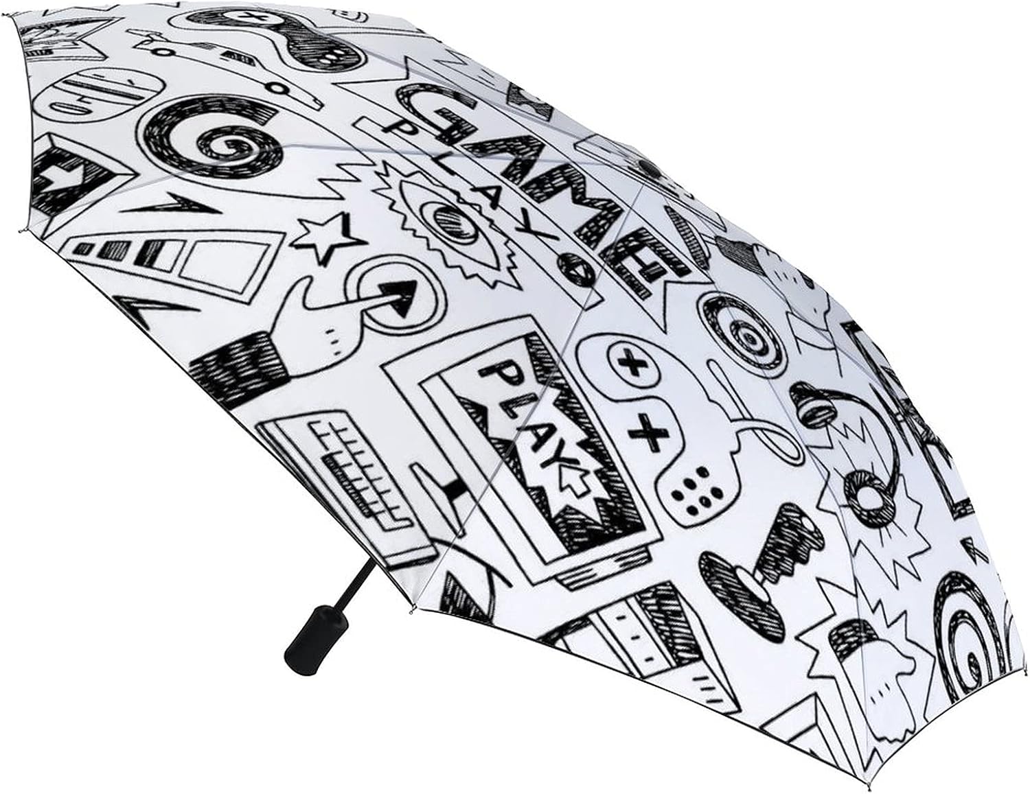 Black and White Sketch Style Gaming Windproof Travel Small Folding Backpack Umbrella with UV Protection