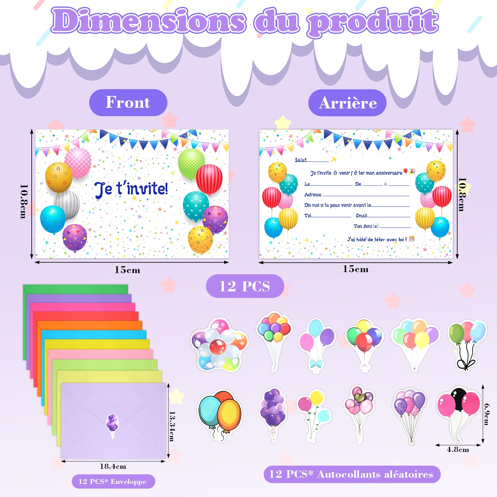 Scettar 12 Cartes Invitation Anniversaire Fille Ballons colorés thème, avec 12 Couleur Enveloppes anniversaire Enfant, Pour Invitations de fête,Anniversaire
