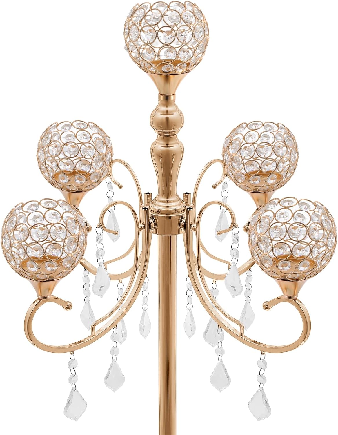 2 Pack 5 Arms Gold Candelabra, Centerpiece with Crystal Pendant, 33 Inch Tall Floor Candle Holder, Table Candelabra Stand Crystal Chandelier Candle Holder for Home Wedding Party Events Decoration