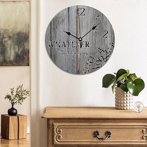 Miniatura 10 de Reloj de pared rústico con texto en inglés "Whatever I'm Late Anyways", reloj de pared decorativo rústico envejecido, de grano de madera blanca,