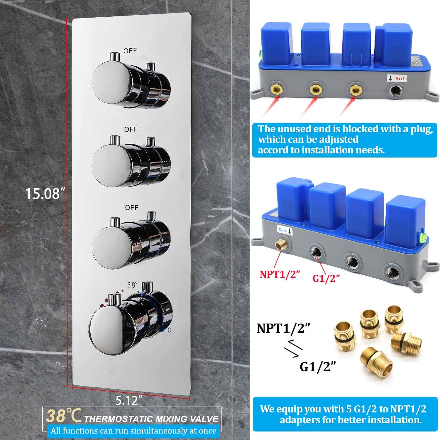 3 Function Push Button Thermostatic Shower Mixer Valve Brass Concealed Rough-In Diverter Control for Shower Head(Chrome)