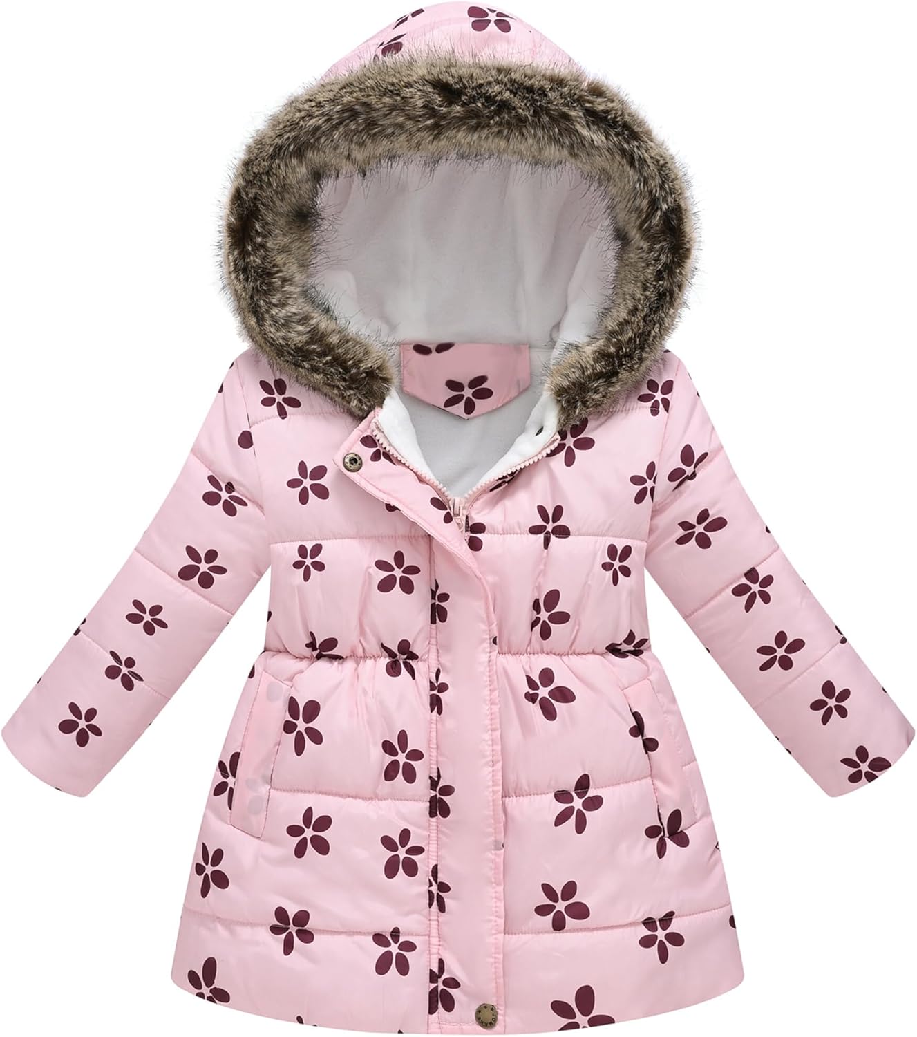 AIEOE Girls Winter Coats Kids Long Hooded Puffer Jacket Toddler Flower Print Parka Outwear Teen Warm Down Fleece Snow Coat