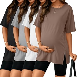 Riyiper 4 Pack Womens Maternity T Shirts Short Sleeve Split Side Pregnancy Tee Loose Casual Crewneck Maternity Clothes