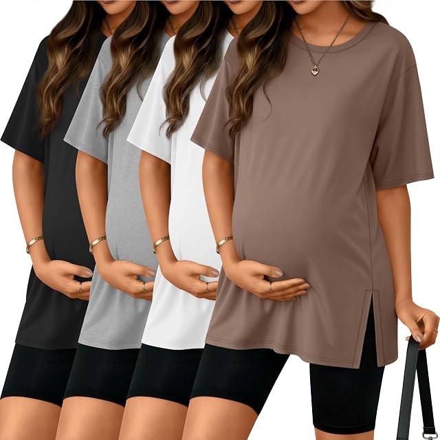 Riyiper 4 Pack Womens Maternity T Shirts Short Sleeve Split Side Pregnancy Tee Loose Casual Crewneck Maternity Clothes