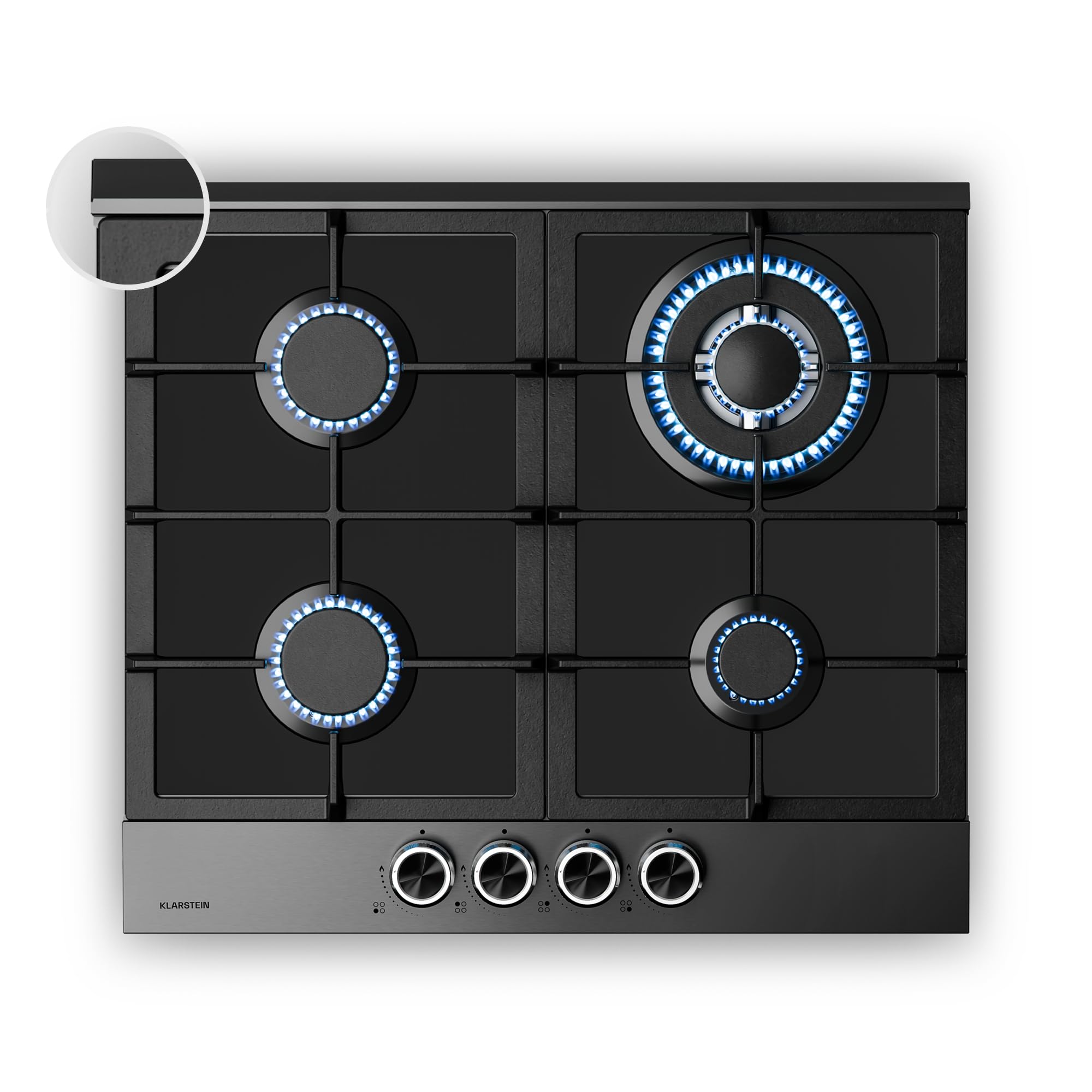 Klarstein Verosteel Plaque de Cuisson Gaz 60cm - 4 Brûleurs 8000W, Verre & Inox, Allumage Électrique, Sécurité Anti-Flamme, GPL & Gaz Naturel, Kit Inclus, Acier inoxydable noir