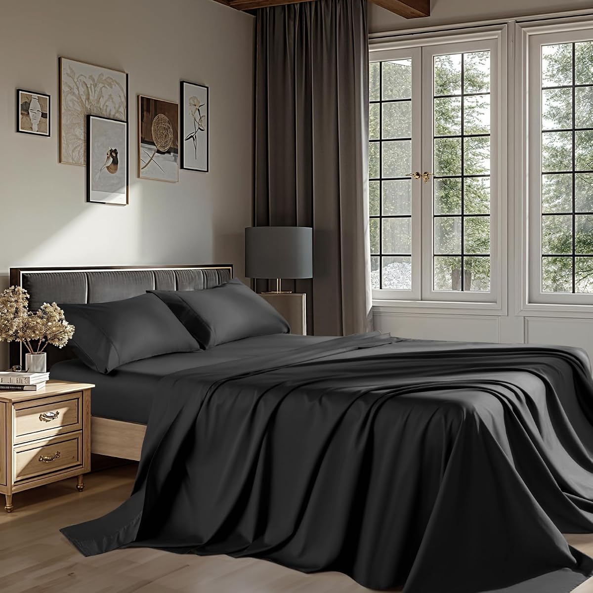 100% Egyptian Cotton Sheets Queen Size 4 Pcs Sheet Sets 1200 Thread Count 16" Deep Pocket Fitted Sheet Soft Breathable Bedding Set (Queen, Black)