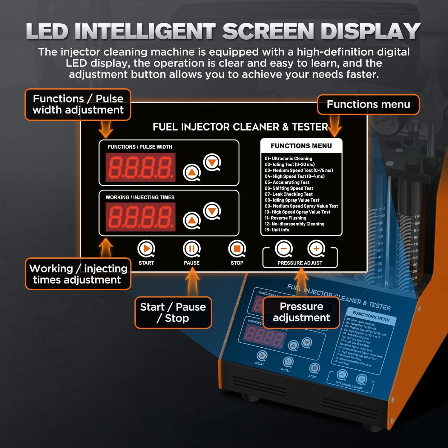 Fuel Injector Cleaner Machine 4 Cylinder Ultrasonic Fuel Injector Cleaner Tester 9 Test Modes Auto Fuel Injector Cleaner Tester Kit for 5V&12V Motorcycle Car Injectors