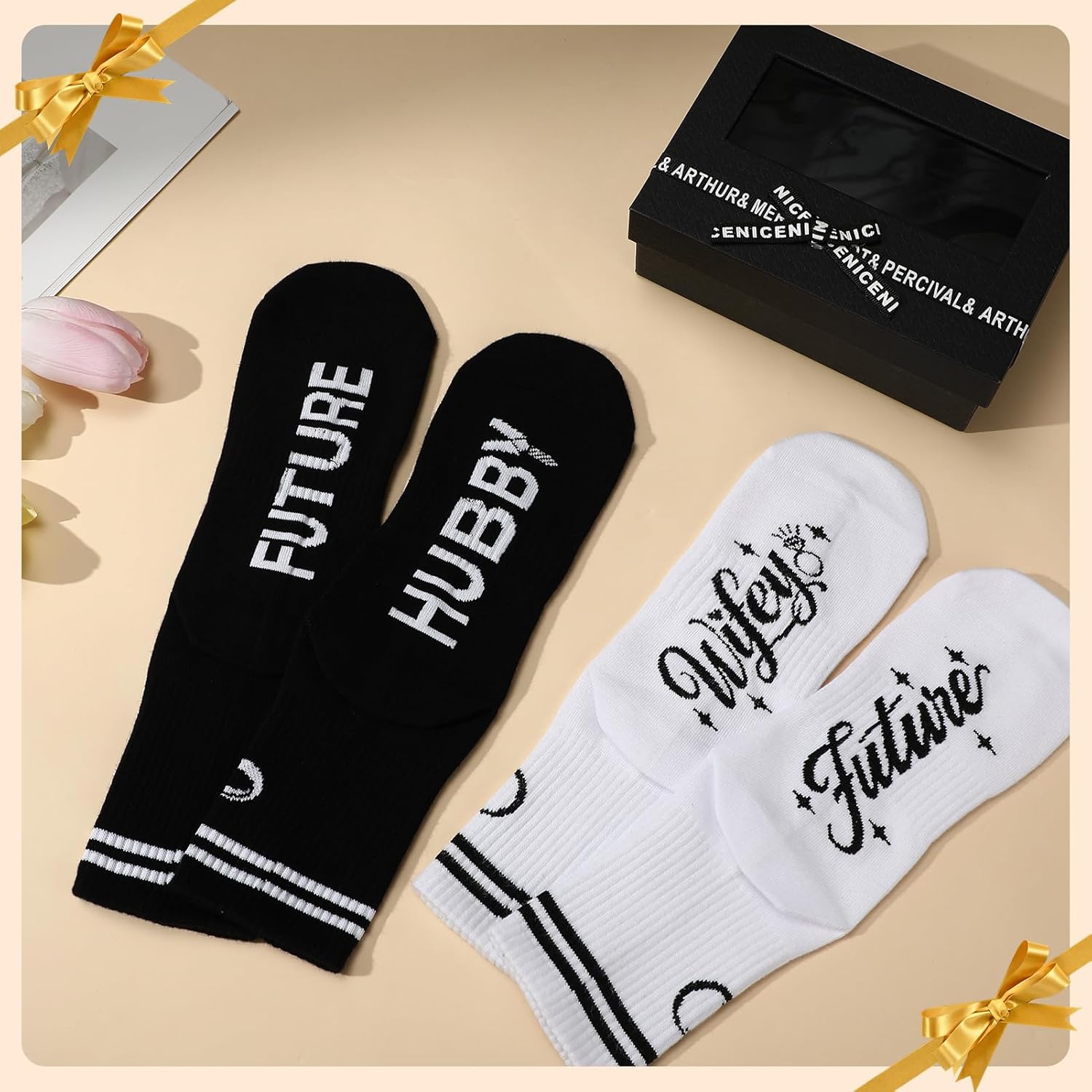 2 Pairs Engagement Gifts Wedding Gifts for Couples Bride and Groom Crew Socks with Gift Box Black and White - Image 7