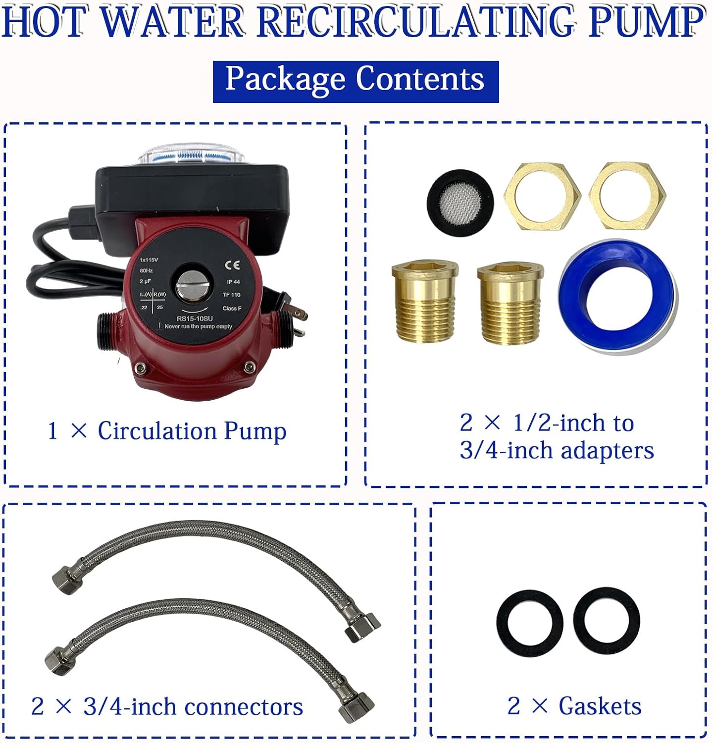UP15-10SU7P/TLC Hot Water Recirculating Pump, 115V 1/25 HP, 3/4" x 1/2" NPT, Compatible with Grundfos UP15-10SU7P (59896288P1/595916), Quiet Water Circulator Pump for Residential Plumbing Systems
