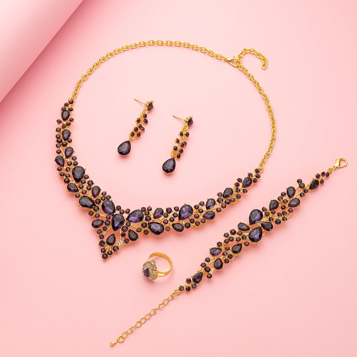 Crystal Bridal Wedding Jewelry Sets for Women Rhinestone Teardrop Crystal Statement Choker Necklace Drop Earrings Link Bracelets Rings Teardrop Jewelry Set for Brides Bridesmaids - Image 6