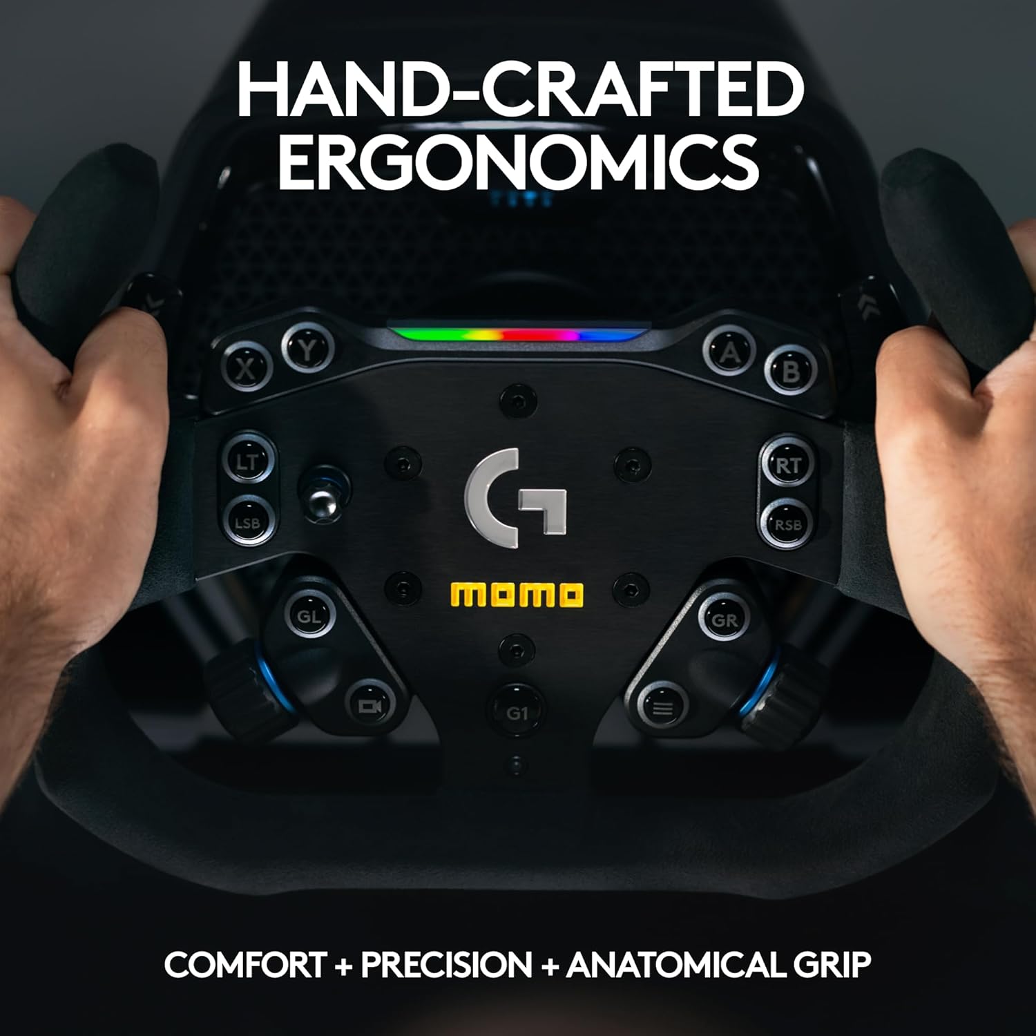 Hands gripping the MOMO Motorsport Pro SIM Racing Wheel, highlighting its ergonomic design