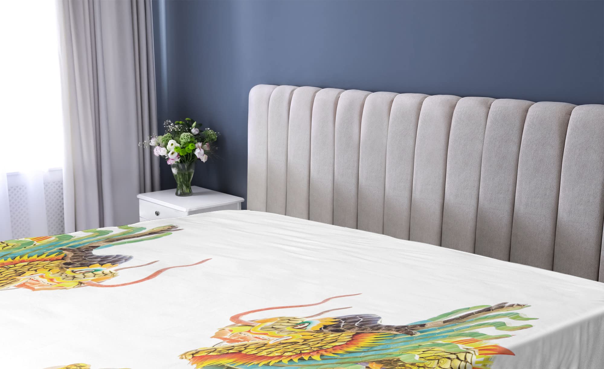 Ambesonne Dragon Fitted Sheet, Chinese Style Dragon Power Oriental Culture Theme, Bed Cover with All-Round Elastic Deep Pocket for Comfort, Queen Size, Green Mustard