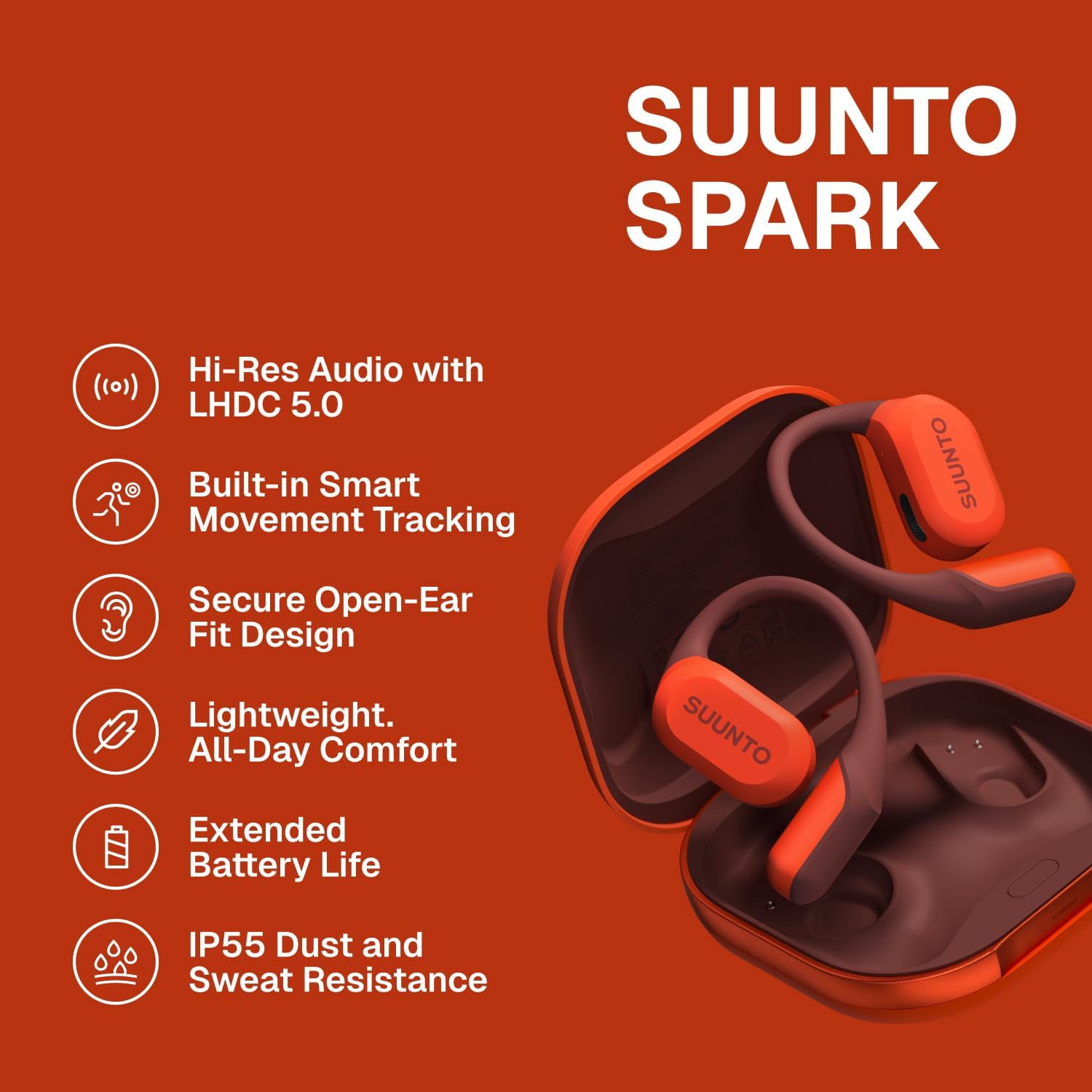 SUUNTO Spark Open Ear Sport Headphones, Lightweight Comfortable Earbuds, IP55 Water-Resistant, Up to 36H Playtime, Bluetooth 5.4, Head Movement Control, for Training and Daily Activity, Coral Orange image 2