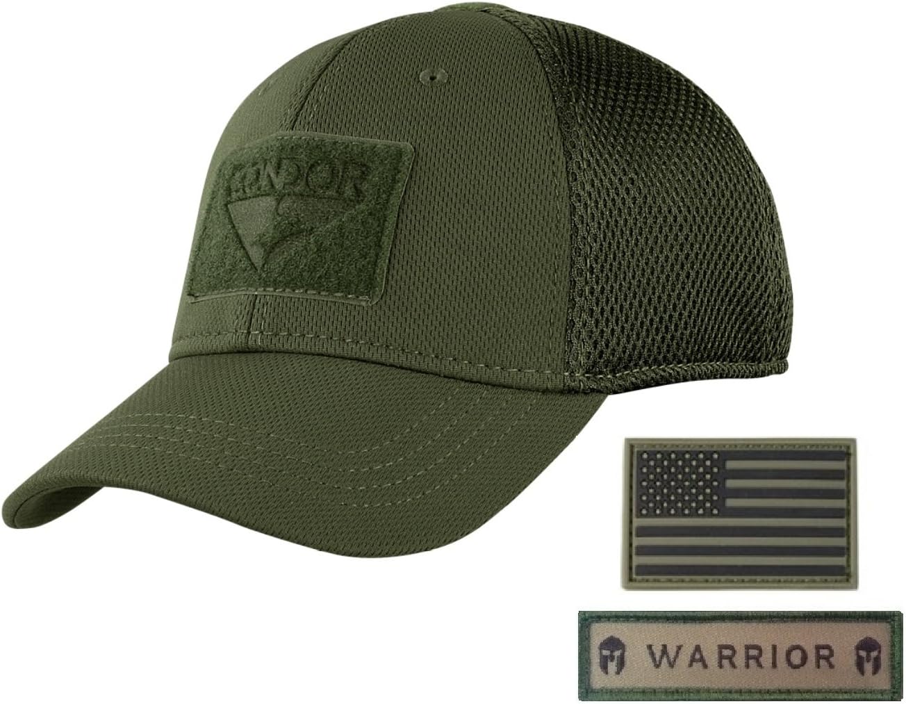 Condor Flex Mesh Cap (OD Green) + PVC Flag & Warrior Patch, Highly Breathable Fitted Tactical Operator Hat (L/XL)