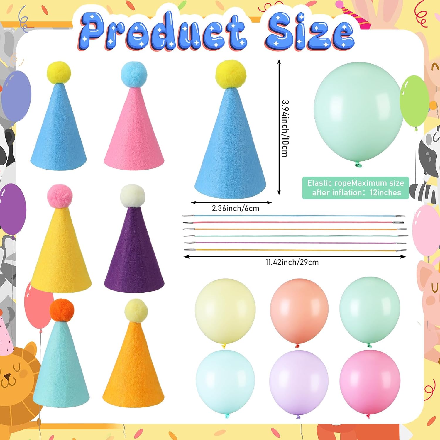 Civaner 12 Pcs Party Hats and Balloon Pastel 3.94" X 2.36" | Felt Birthday Hats Balloons Ribbon, For Stuffed Animals Dolls Dog Cat Rabbit, Mini Animal Hat Party Decor Accessories