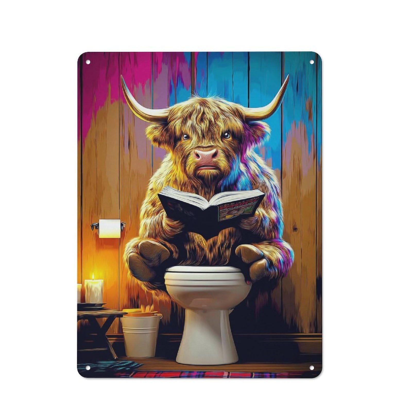 Highland Cow Reading in The Bathroom Cottage Metal Wall Decor 40x30cm, Shed Metal Sign for Conservatory, Home Bar Or Utility Room