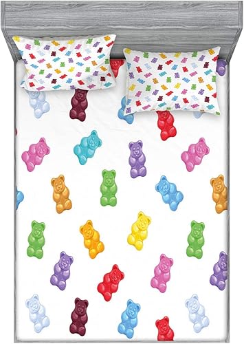 Ambesonne Dessert Fitted Sheet & Pillow Sham Set, Vibrant Colored Gummy Bears Candies Delicious Jelly Sugary Snack Chewy Taste, Decorative Printed 3