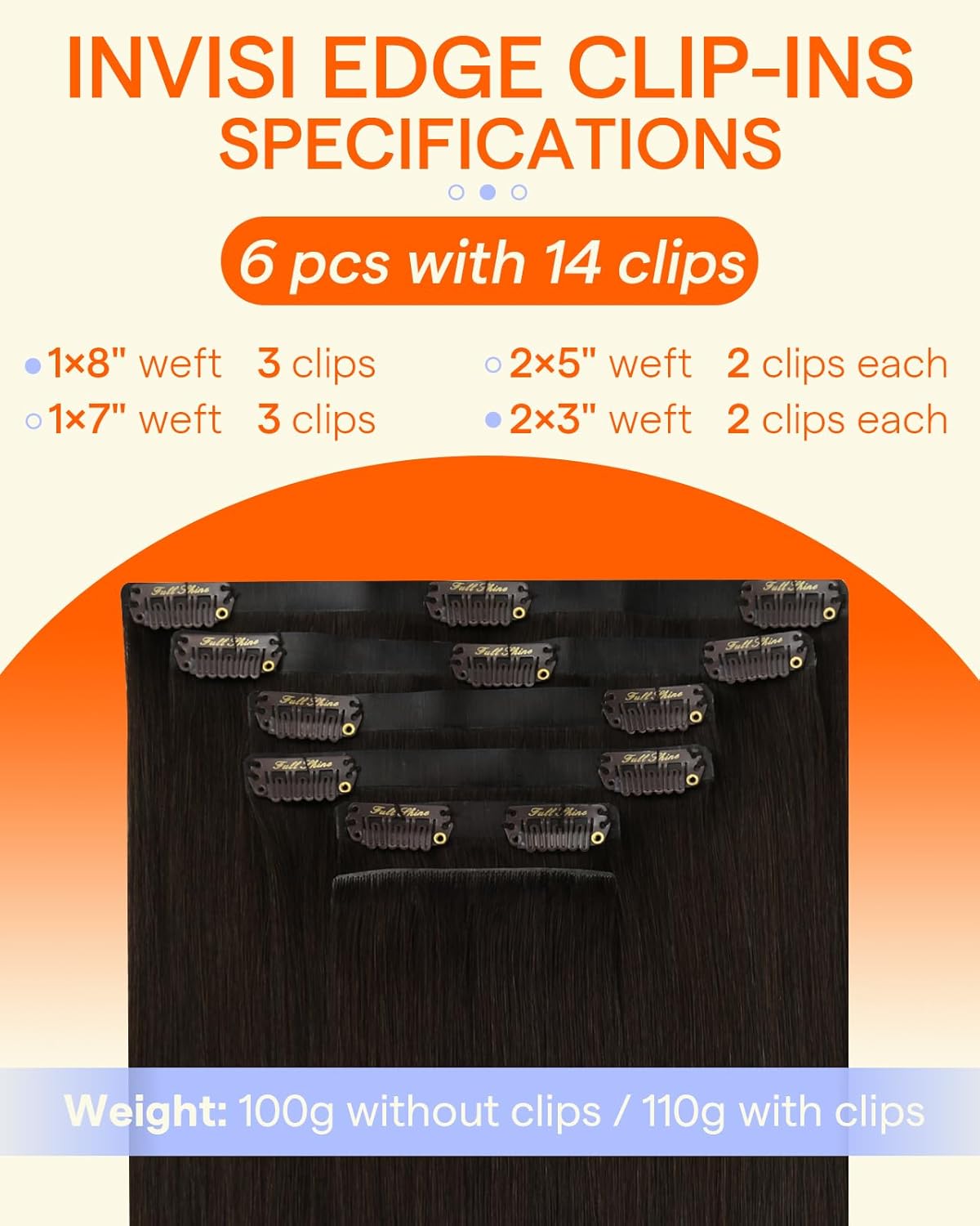 Full Shine Invisi Edge Seamless Hair Extensions Clip in Brown, Inject Hair Extensions Human Hair Clip ins for Women Natural Look 18 Inch 130g 6Pcs