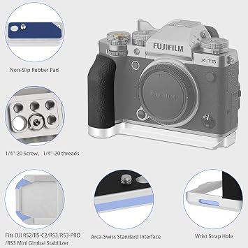 Haoge X-T5 Handgrip for Fujifilm X-T5 Camera L-Shape Grip, With Ergonomic Silicone Side Handle Built-in Arca Swiss Type Plate for DJI RS2/RS-C2/RS3/RS3-PRO/RS3 Mini,Silver MHG-XT5S