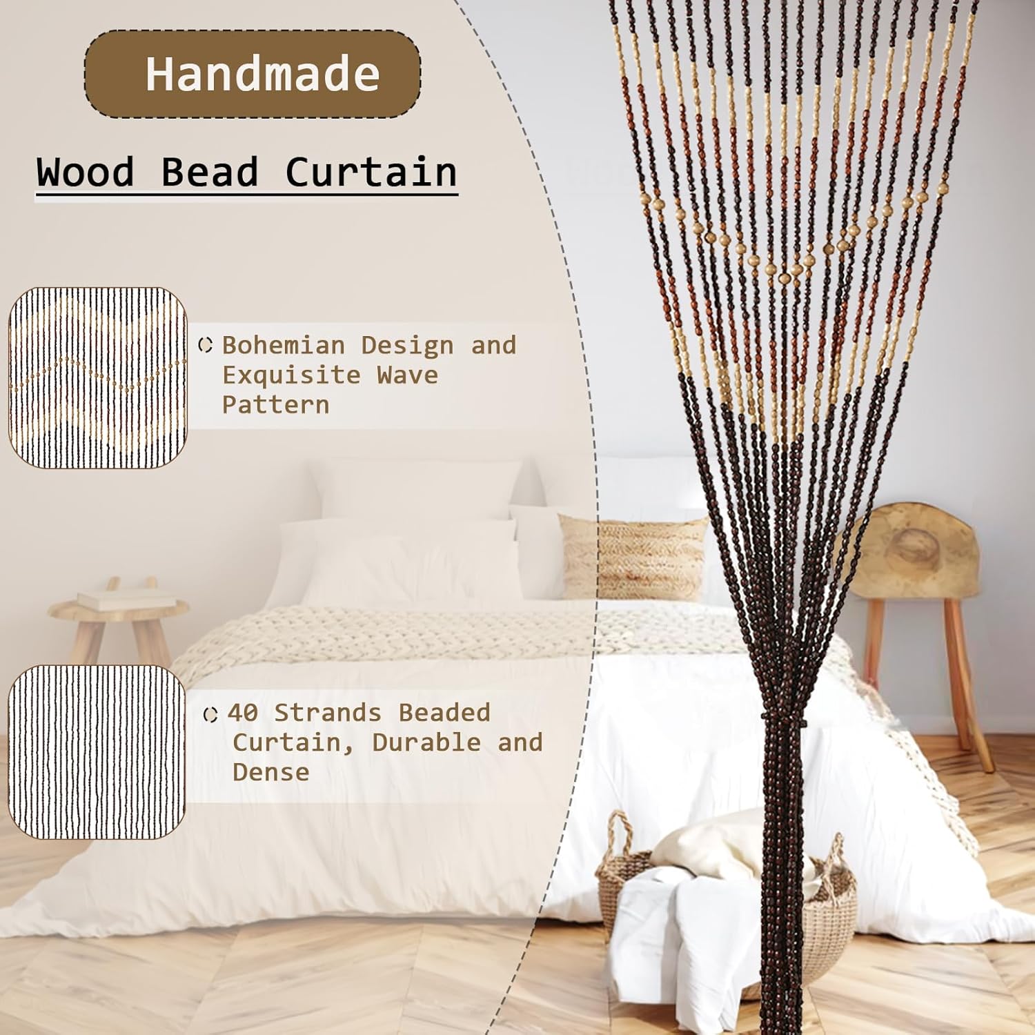 35.5" x 75" Boho Wood Bead Curtain for Doorways 40 Strands Door String Curtains Handmade Beaded Curtain Window Hanging Room Divider Wave Pattern for Home Decoration, Dark Brown