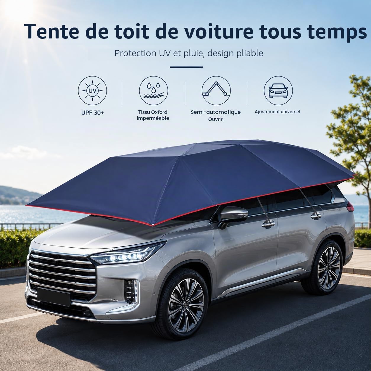 Tente de parasol semi-automatique pour voiture avec UPF 30+, imperméable, universelle, protection solaire, protection contre les intempéries, pour l'extérieur, voyage, portable, pliable