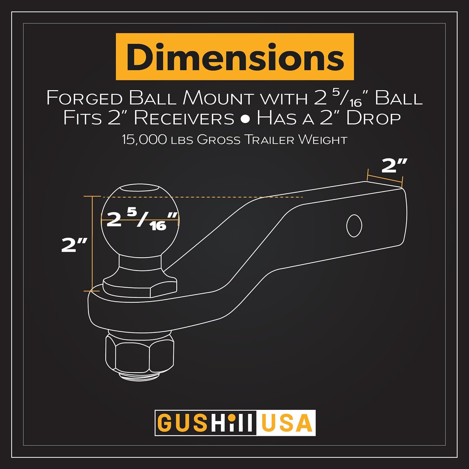 GusHill USA GH45331 Trailer Hitch Mount with 2-5/16-Inch Ball & Pin, Fits 2-Inch Receiver, 15,000 lbs, 2-in Drop