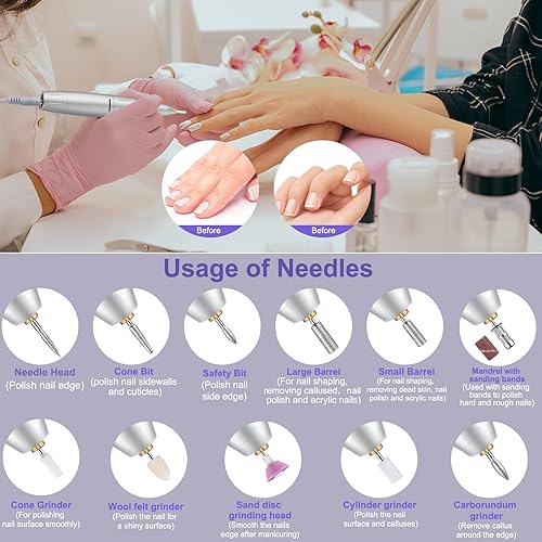 Miniatura 2 de Cadrim - Lima de uñas eléctrica de 35000 RPM, taladro de uñas portátil, taladro de uñas inalámbrico, recargable eléctrico profesional, juego de