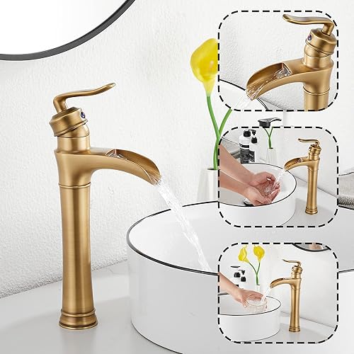 Miniatura 4 de Grifo de baño de cascada de latón antiguo GGStudy con una sola manija de un agujero, grifo de lavabo de baño a juego con drenaje desplegable