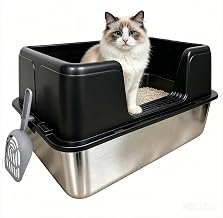 61x41x30cm Large Stainless Steel Cat Litter Box with Lid – 30L Giant Metal Litter Tray for Big Cats & Multi-Cat Homes, High Sided, Rustproof & Odor Control