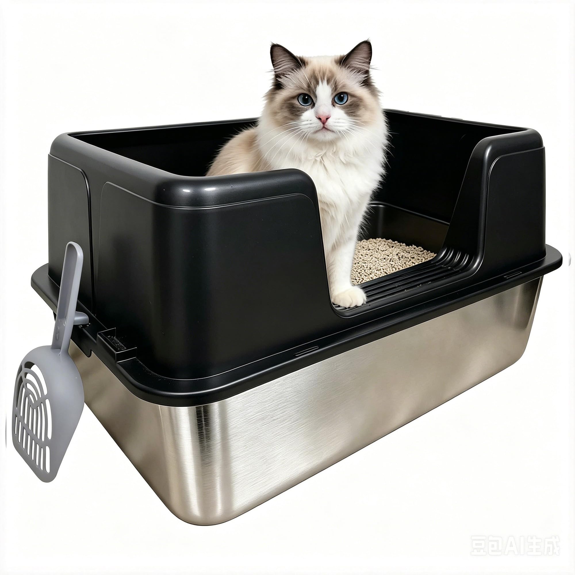 61x41x30cm Large Stainless Steel Cat Litter Box with Lid – 30L Giant Metal Litter Tray for Big Cats & Multi-Cat Homes, High Sided, Rustproof & Odor Control