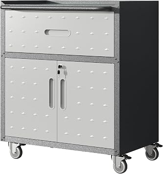 Metal Storage Cabinet with Wheels, Lockable Tool Cabinet with Adjustable Shelf, Rolling Garage Cabinet with 1 Drawer and 2 Doors, 29.5x16.5x34.6 inches, 500 lbs Capacity, Black/Gray