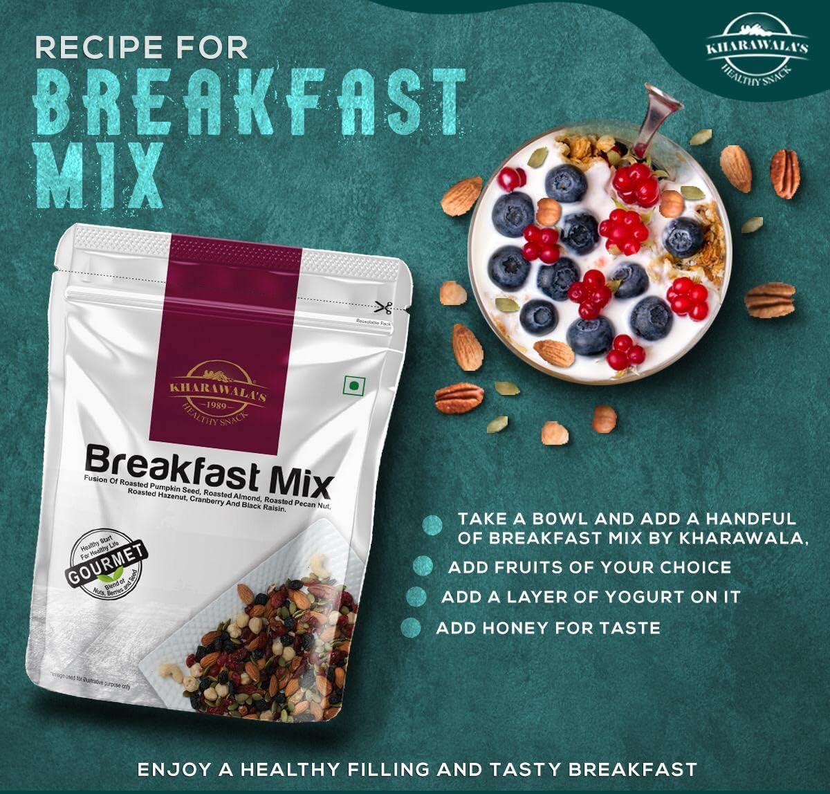 KHARAWALA'S Breakfast Mix - Pack of 4 (200gm Eac) | Fusion of Roasted Pumkin Seed, Almonds, Pecan Nuts, Hazelnut, Cranberry & Black raisins 3