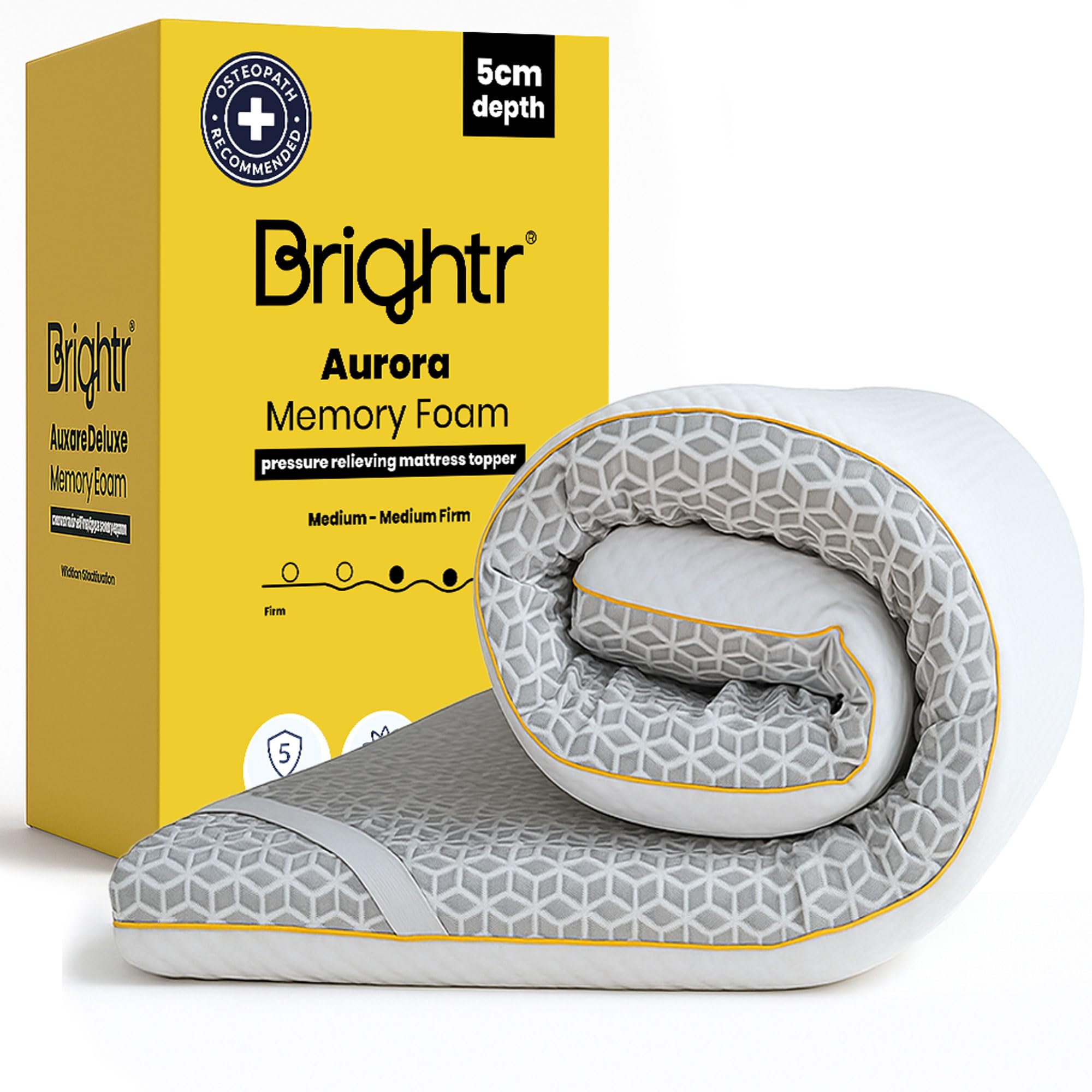 Brightr® Aurora Dual-Layer 5cm thick Memory Foam Mattress Topper Single Size Bed, Orthopedic Bed Topper for Back Pain with Breathable Washable Copper Cover, Choose between Soft/Medium feel 90x190cm