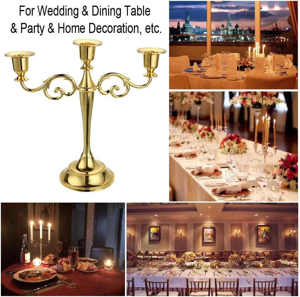 OwnMy 3 Arms Metal Candelabra Candlestick Silver European Elegant Candle Holder Candle Stand for Wedding Dining Table Christmas Party Home Decoration (Golden Tone)