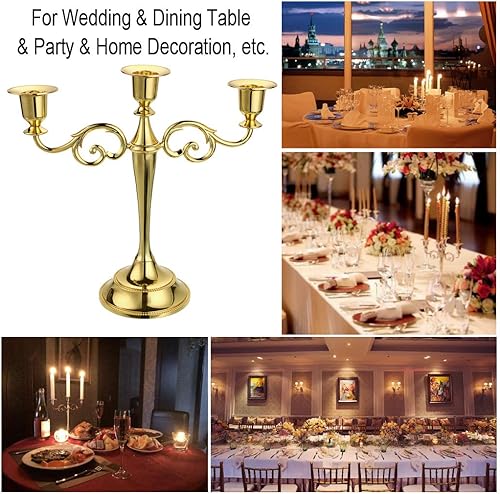 Miniatura 7 de OwnMy Candelabro de metal de 3 brazos, soporte de vela elegante para boda, mesa de comedor, fiesta de Navidad, decoración del hogar (tono dorado)