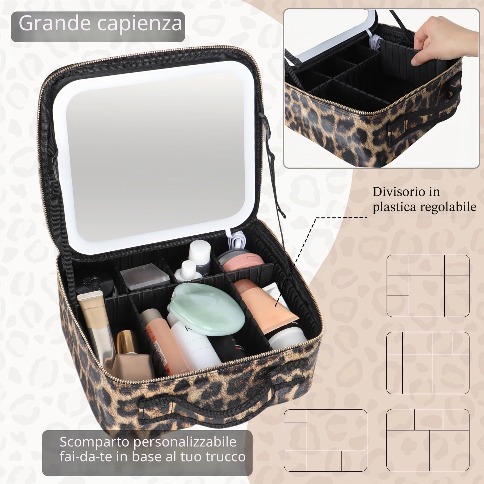 Borsa cosmetica con luce a LED, per il trucco, per viaggi, cosmetici, da donna, regalo per donna, motivo leopardato, misura media, motivo leopardato, medium-sized