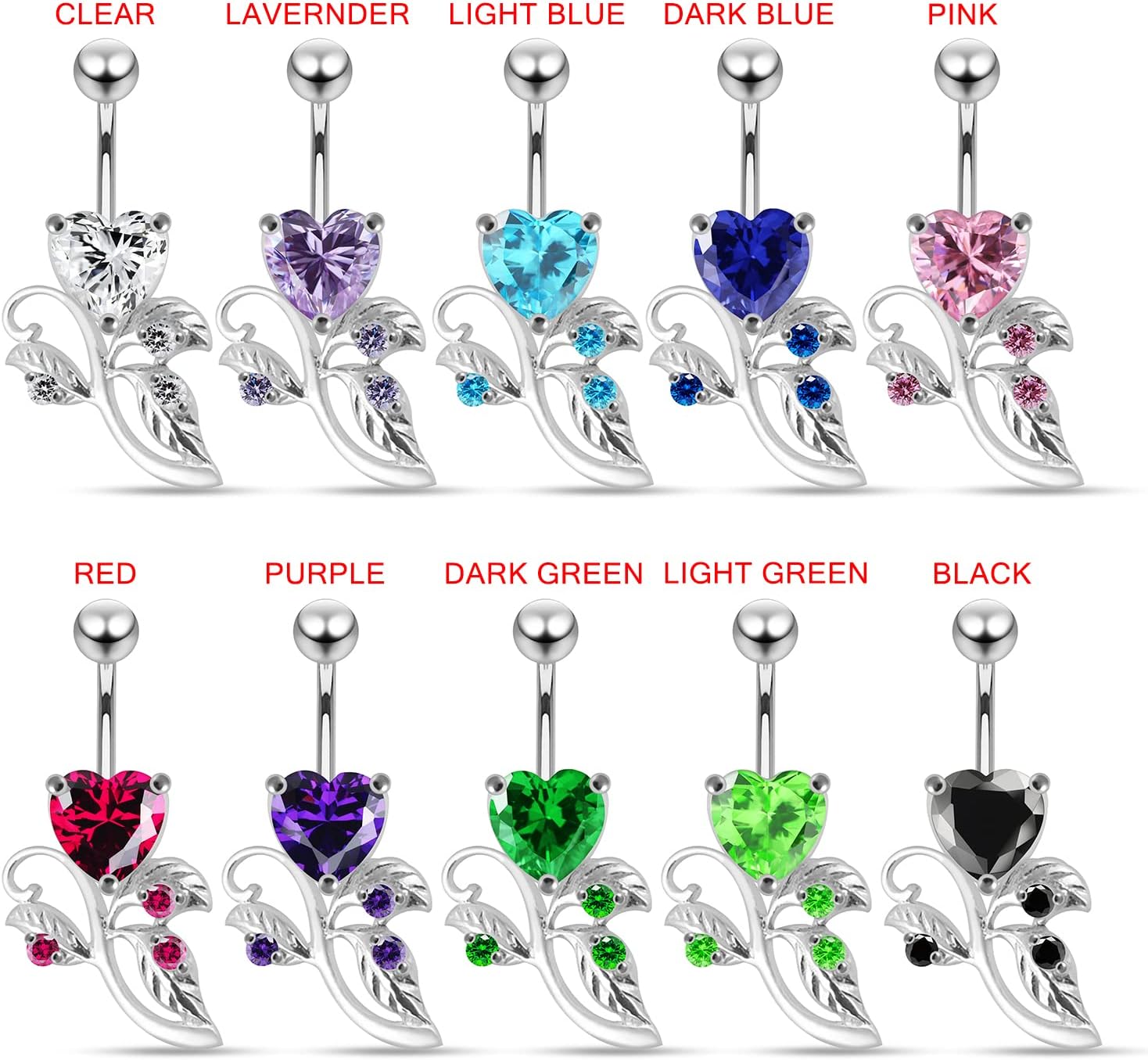 Fancy Heart Rose with Leaf Design 925 Sterling Silver with Stainless Steel Belly Ring - Belly Button jewelry - Navel jewelry