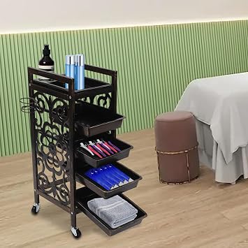 5 Tier Classic Salon Rolling Storage Trolley, Black Brown Barber Organizer Rolling Cart Hair Salon Equipment for Hair Stylist| Multipurpose Tool Cart