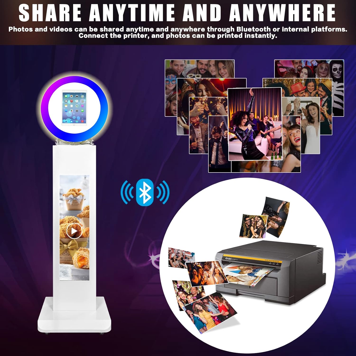 Photo Booth for iPad 10.2" 10.9'' 11'' 12.9'' Shell Stand LCD Screen Selfie Machine Metal Adjustable Stand Photobooth Machine with RGB Ring Light and Flight Case for Events Wedding Christmas