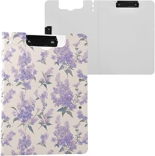 Portapapeles plegable, color morado claro, flores lilas, tamaño A4, portapapeles dobles, soporte para bolígrafos, clip de lactancia con cubierta