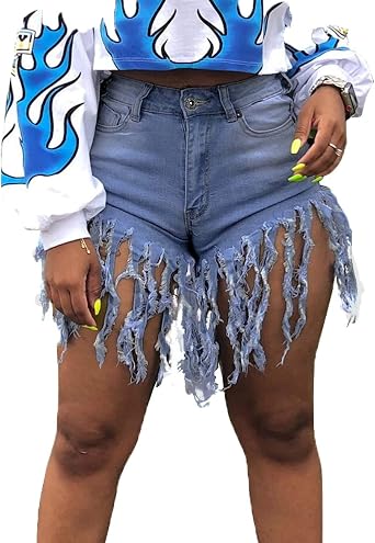 Weigou Women Denim Shorts High Waisted Tassels Summer Stretchy Frayed Raw Hem Short Jeans Clubwear Jeans Short